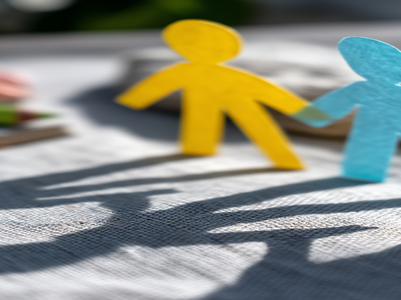 Eine bunte Papiersilhouette von Figuren, die sich an den Händen halten, neben eine Hand und einen Tisch mit Buntstiften.