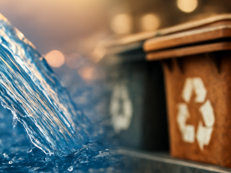 Ein Wasserfall fließt in der Nähe von farbigen Recyclingbehältern, die mit dem Recyclingsymbol gekennzeichnet sind.