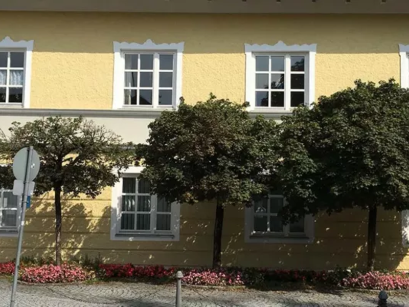 Bild zeigt ein gelbes Haus mit weiß umrandeten Fenstern mit drei Bäumen davor und blauem Himmel