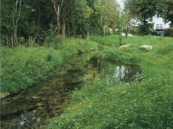 Der Hachinger Bach am Heimgarten in Taufkirchen, renaturierte Stelle, verbreiteter Bachlauf und Altarm, eine malerische, von Bäumen umgebene Bachlandschaft mit saftigem Grün und einigen größeren Steinen als Sitzgelegenheiten im Vordergrund am Heimgarten in Taufkirchen