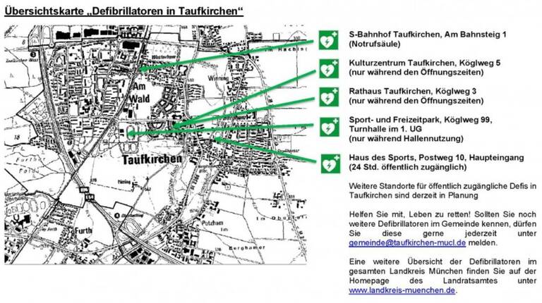Übersichtskarte der Defibrillatoren Standorte in Taufkirchen