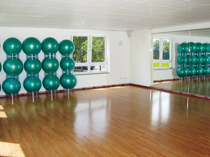 Grüne Gymnastikbälle stehen aufgereiht auf einem holzfarbenen Gymnastikboden neben einem Franster. Daneben befindet sich eine Spiegelwand