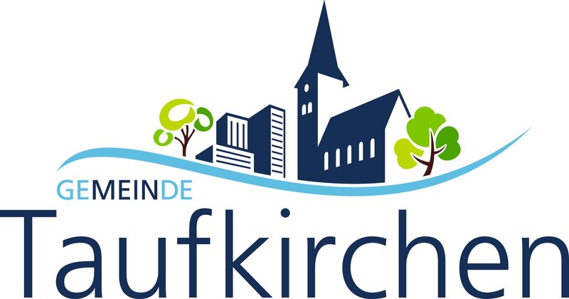 Kommunikationslogo der Gemeinde mit dem Hachinger Bach, grüne Bäume, der Kirche und die Bebauung am Wald, sowie dem Logotext Gemeinde Taufkirchen