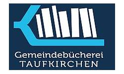 Der Buchstabe K in hellblau auf dem helle Bücher auf dunkelblauem Hintergrund stehen und unterhalb Gemeindebücherei Taufkirchen steht