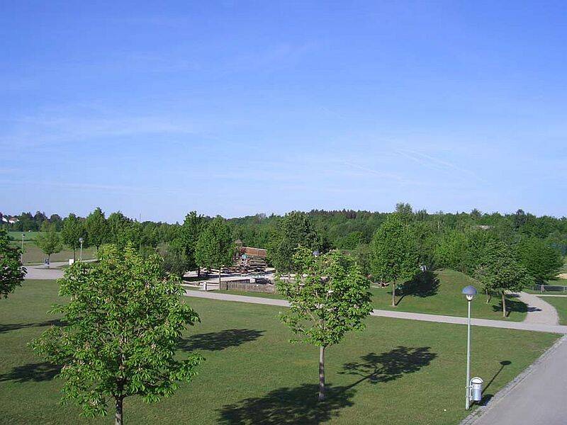 Grüne Parklandschaft mit Bäumen einem Weg und blauem Himmel