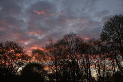 Blick auf den Morgenhimmel. Aufgehende Sonne die dunkle Wolken anstrahlt. 