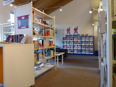 Blick in der Bücherei auf ein Blaues Regal mit Büchern