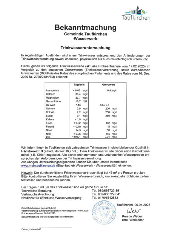 Bekanntmachung Trinkwasseruntersuchung